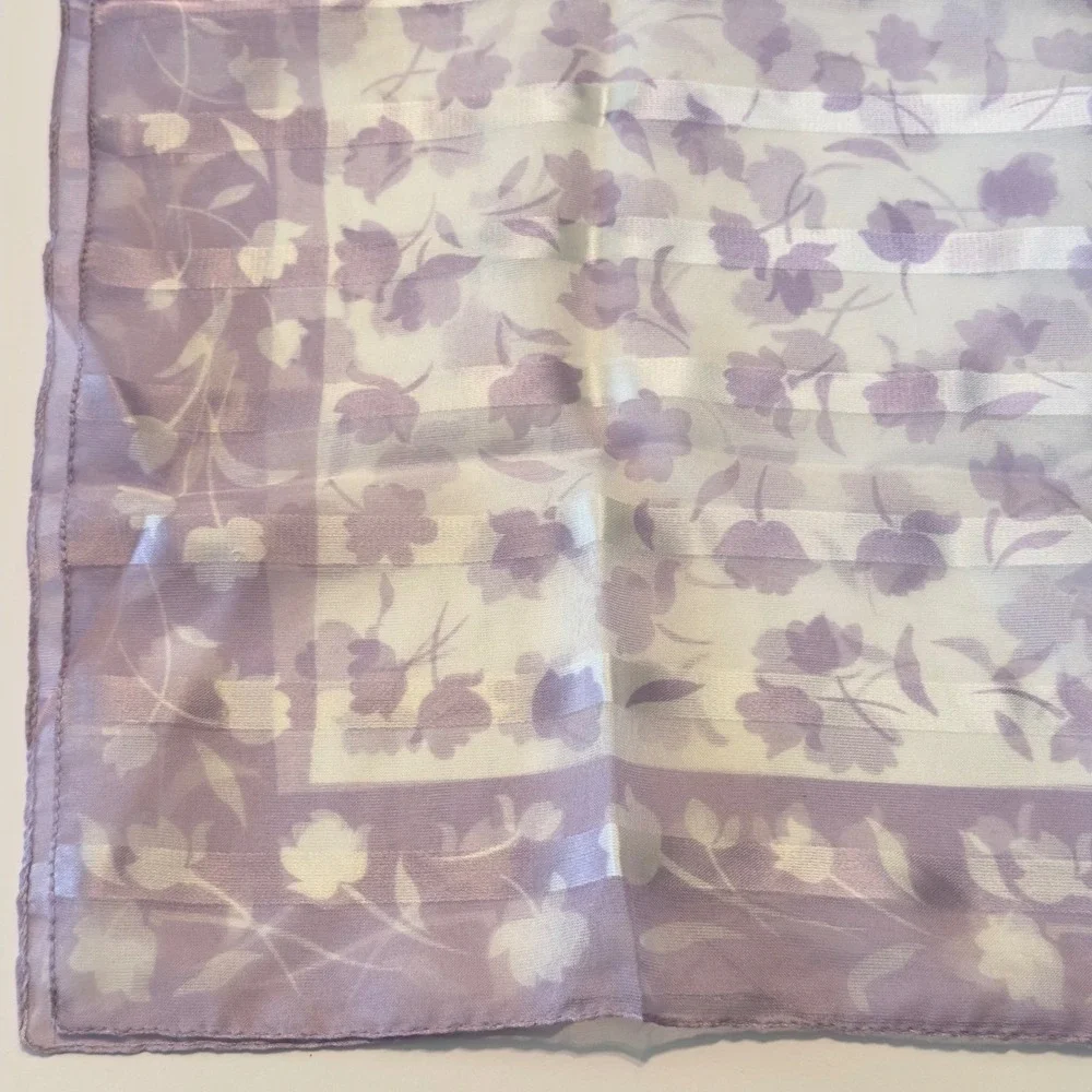 Lavender Floral Striped Square Scarf Made Italy Sheer Purple White Cottagecore